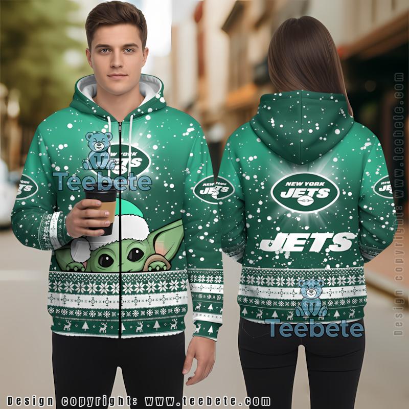 New York Jets Baby Yoda Christmas 3D Hoodie White Green Puff Print