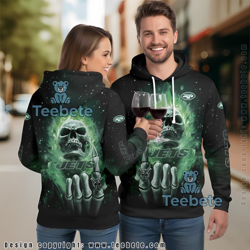 New York Jets Hot Skull 3D Hoodie Black Green Mens Graphic