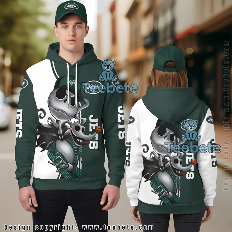 New York Jets Jack Skellington Zero Halloween 3D Hoodie Green White Graphic