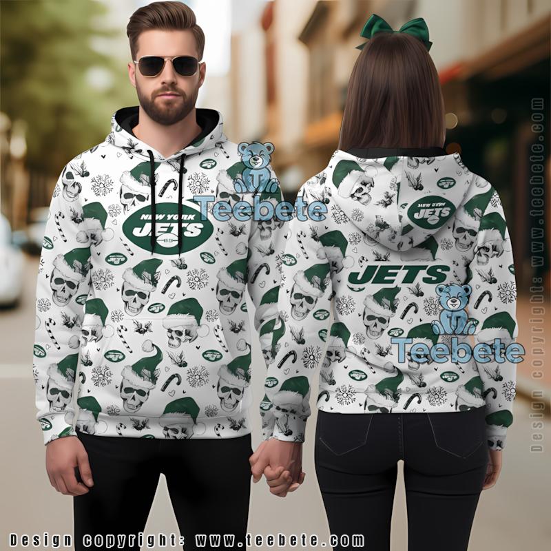 New York Jets Santa Skull Merry Christmas 3D Hoodie White Green Girls