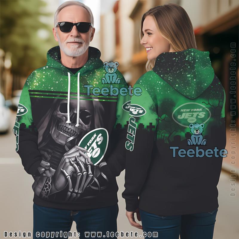 New York Jets Skull Halloween 3D Hoodie Green Black Mens Graphic