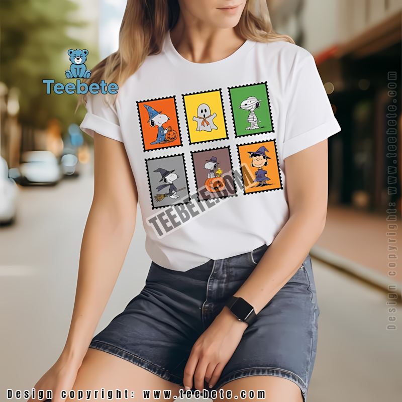 Peanuts Halloween Stamps Shirt Snoopy Witch Mummy Ghost Lucy Wizard