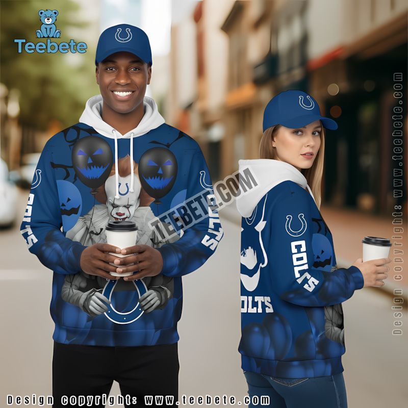 Indianapolis Colts Pennywise Halloween 3D Hoodie Blue White Mens
