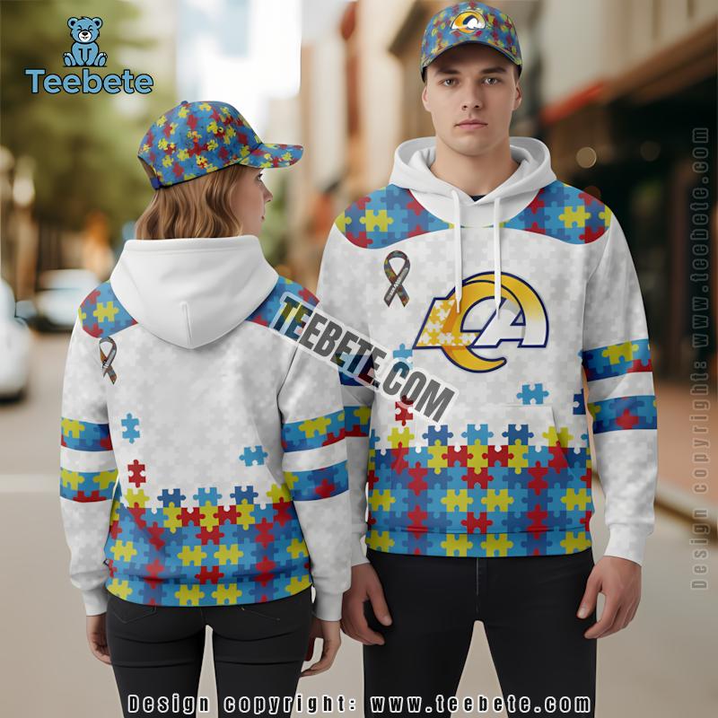 Personalized Autism Awareness Puzzle Ribbon Los Angeles Rams 3D Hoodie White