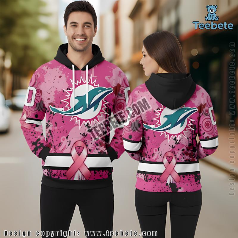 Personalized Miami Dolphins Breast Cancer 3D Hoodie Pink White Mens