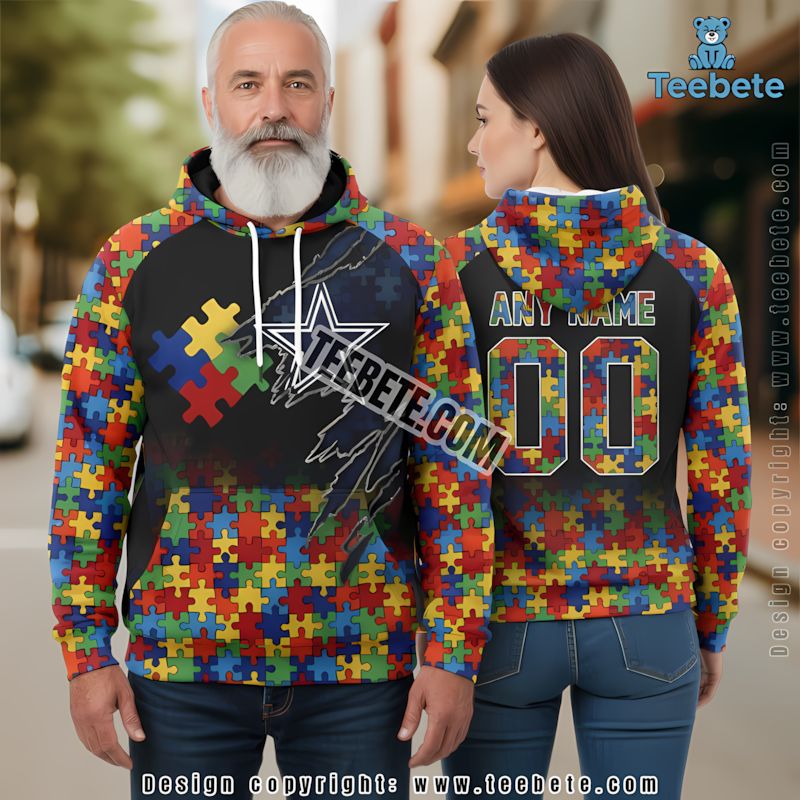 Personalized Dallas Cowboys Autism Awareness 3D Hoodie Zipper Black Red