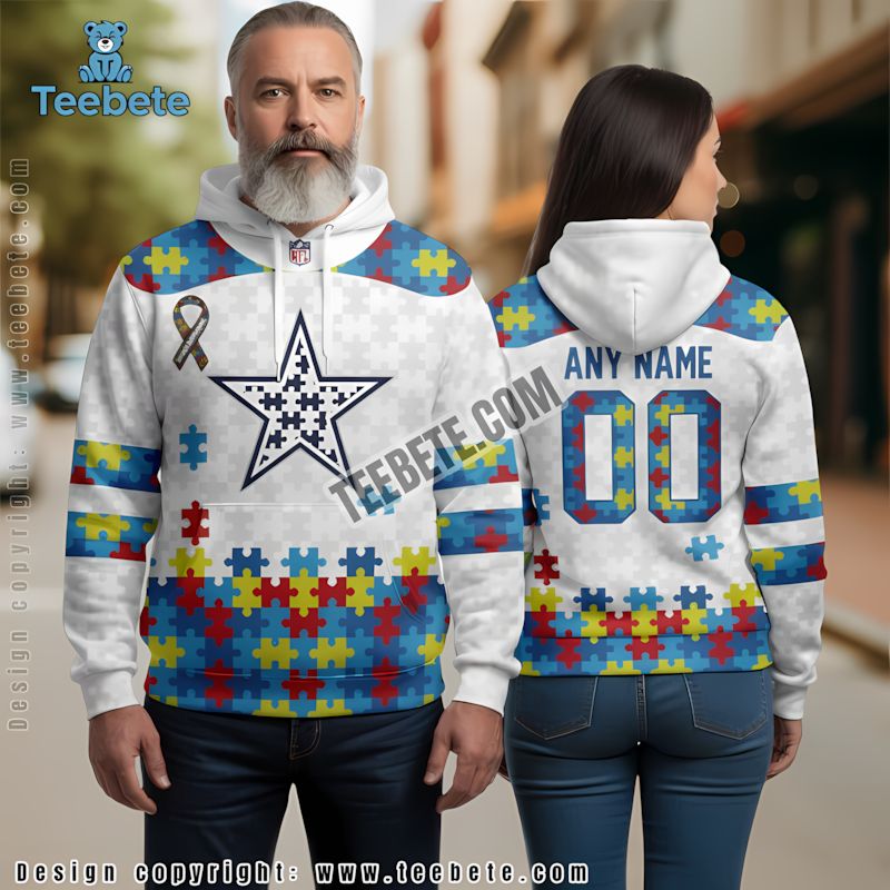 Personalized Dallas Cowboys Autism Puzzle Ribbon 3D Hoodie Print White