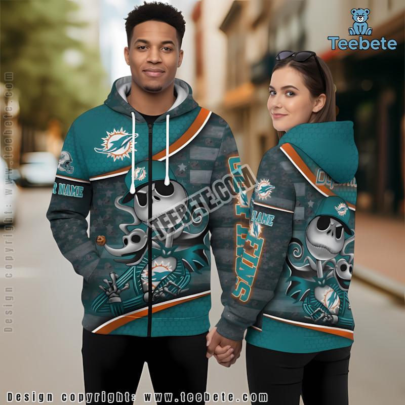 Personalized Miami Dolphins Jack Skellington Zero 3D Hoodie Blue Girls