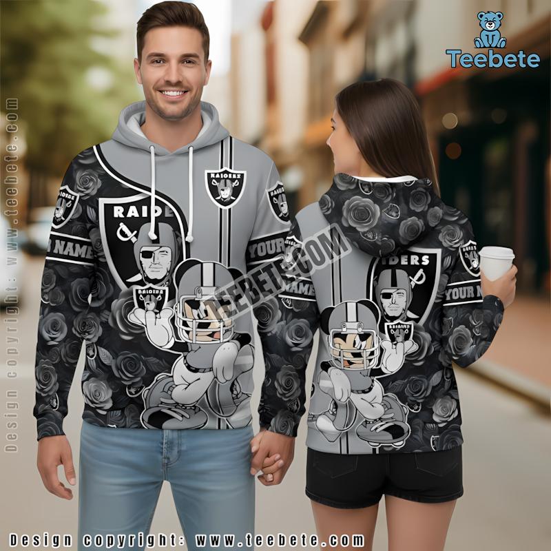 Las Vegas Raiders Mickey Mouse Flower Personalized 3D Hoodie Grey For Sale