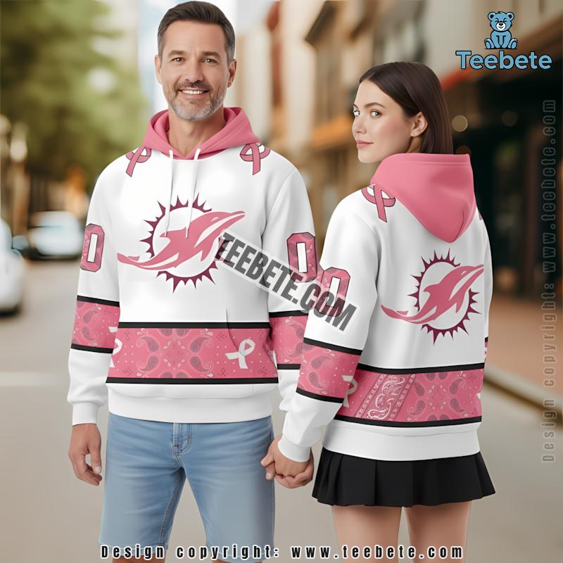 Personalized Miami Dolphins Breast Cancer 3D Hoodie White Pink Mens
