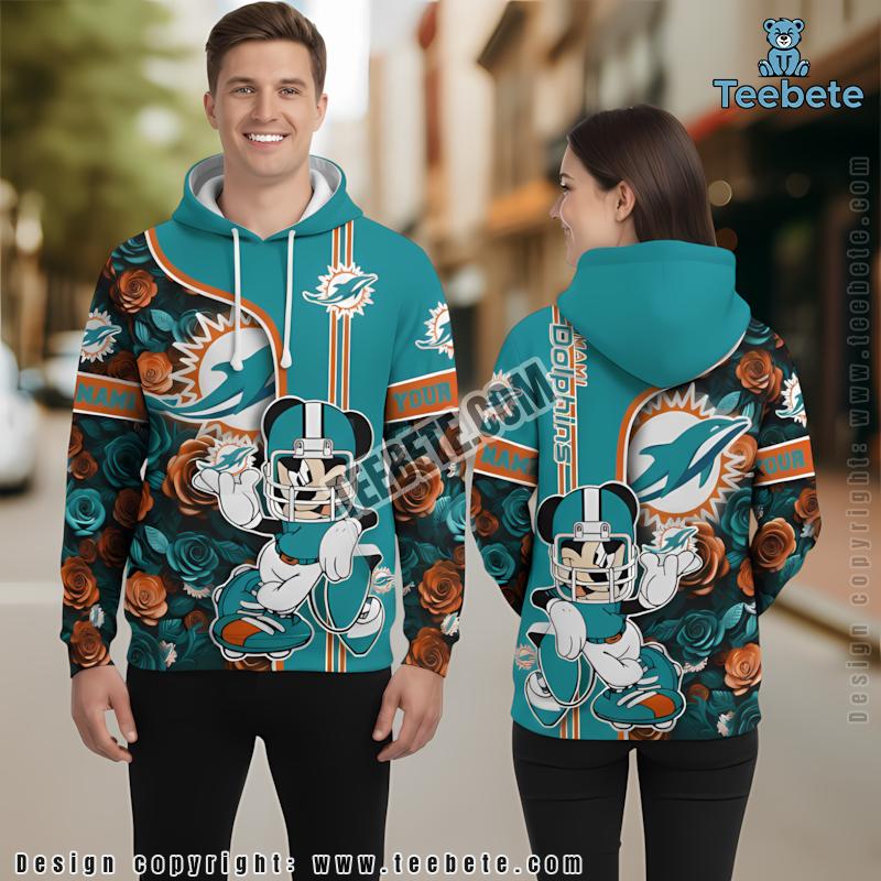 Personalized Miami Dolphins Mickey Mouse Flower 3D Hoodie Zipper Blue