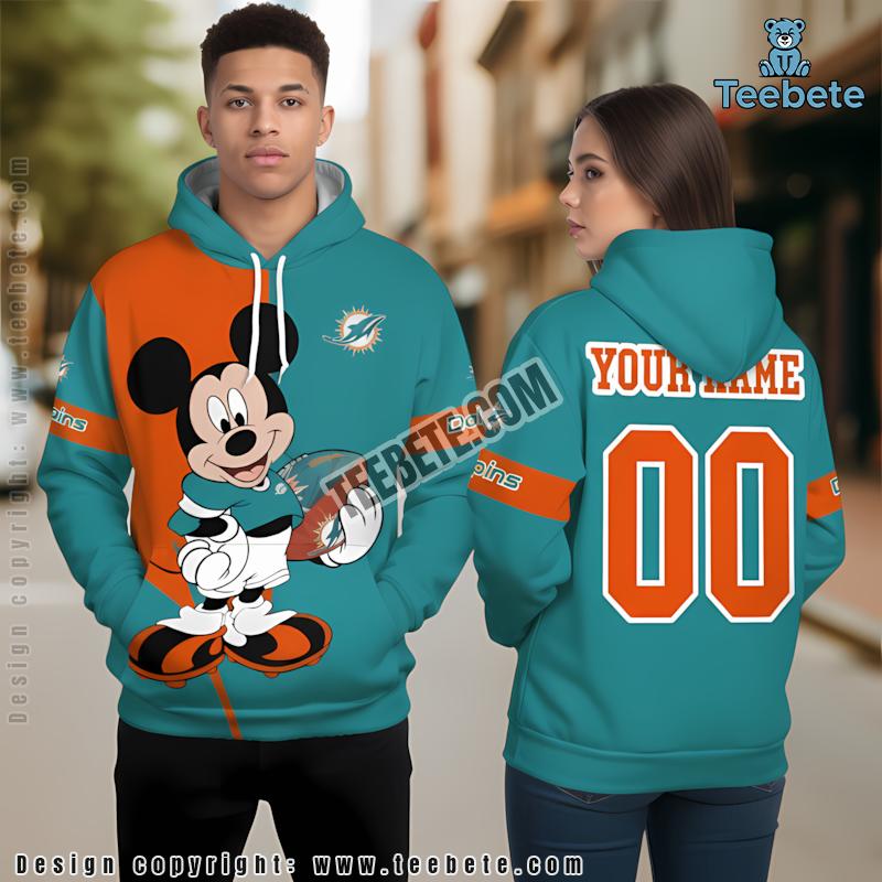 Personalized Miami Dolphins Mickey Mouse 3D Hoodie Orange Blue Mens