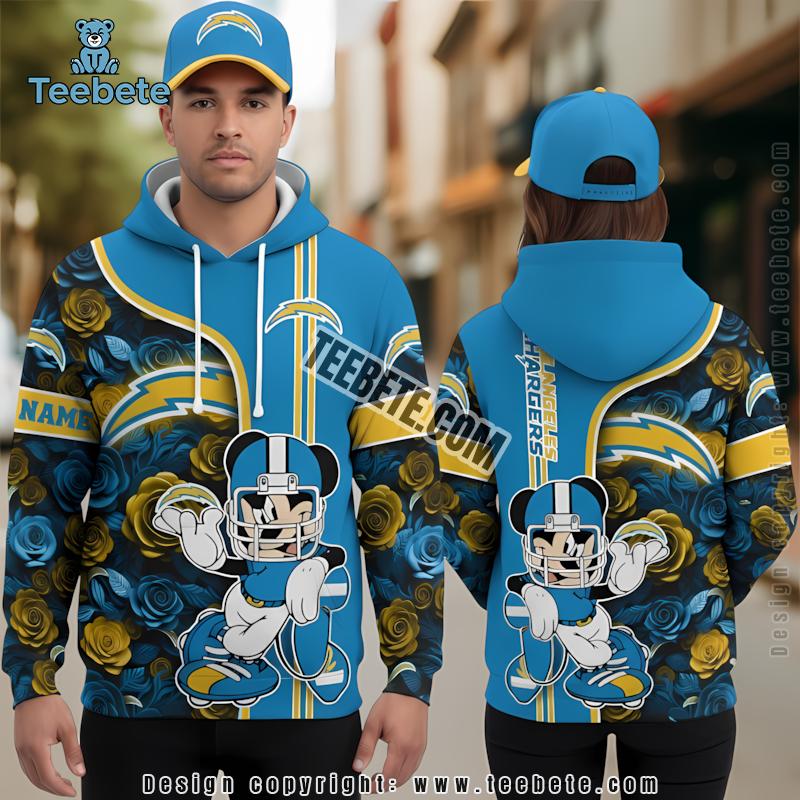Personalized Los Angeles Chargers Mickey Mouse Flower 3D Hoodie Blue Mens