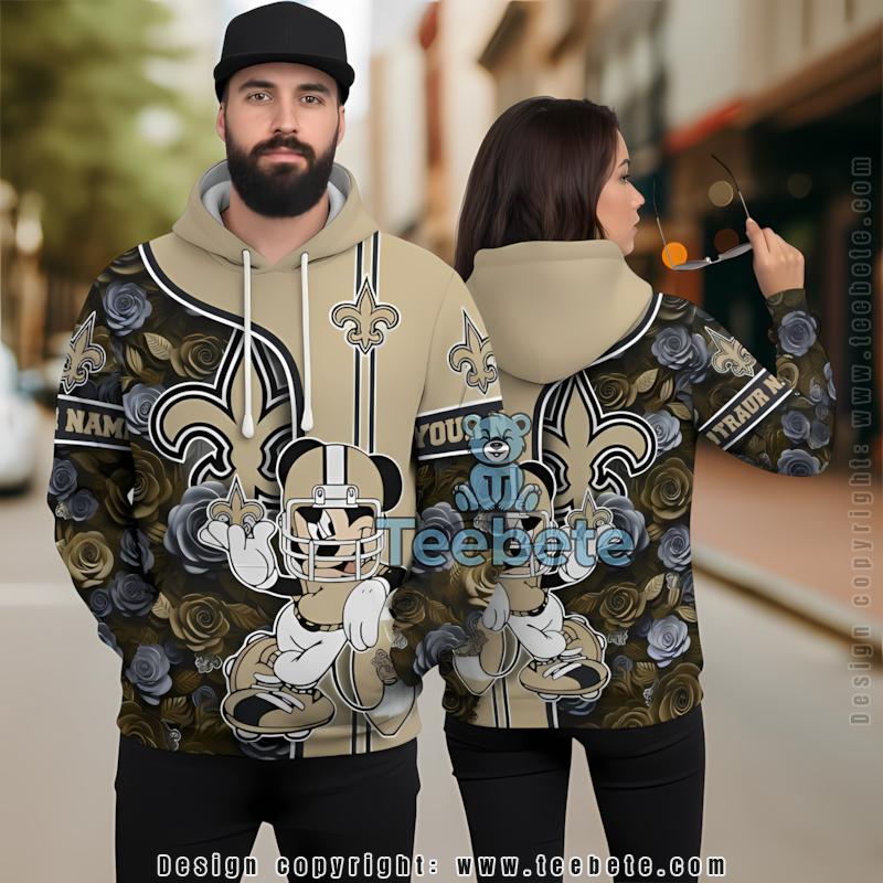 Personalized New Orleans Saints Mickey Mouse Flower 3D Hoodie Yellow Graphic