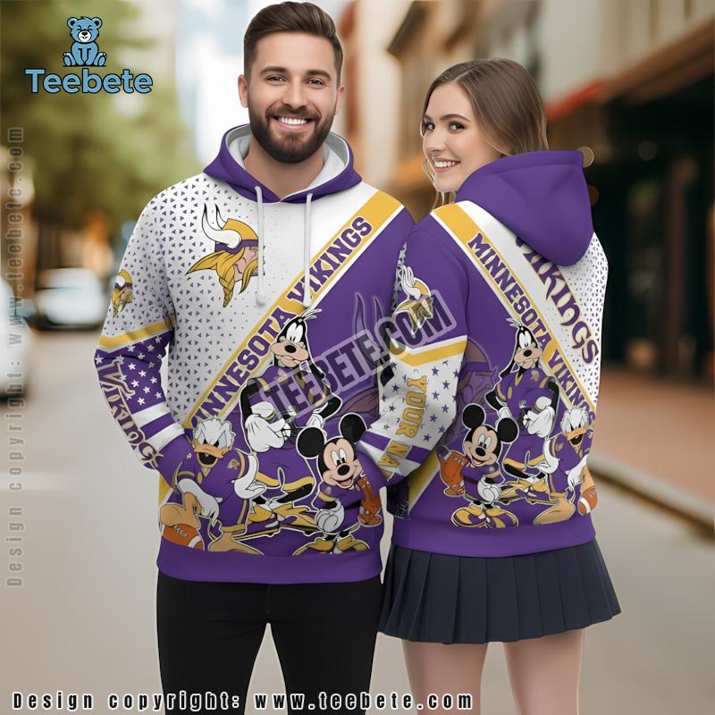 Personalized Mickey Mouse Goofy Minnesota Vikings 3D Hoodie White Purple Kids