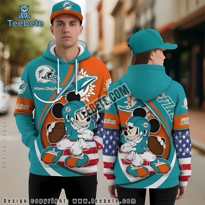 Personalized Miami Dolphins Mickey Mouse 3D Hoodie Blue Orange Mens