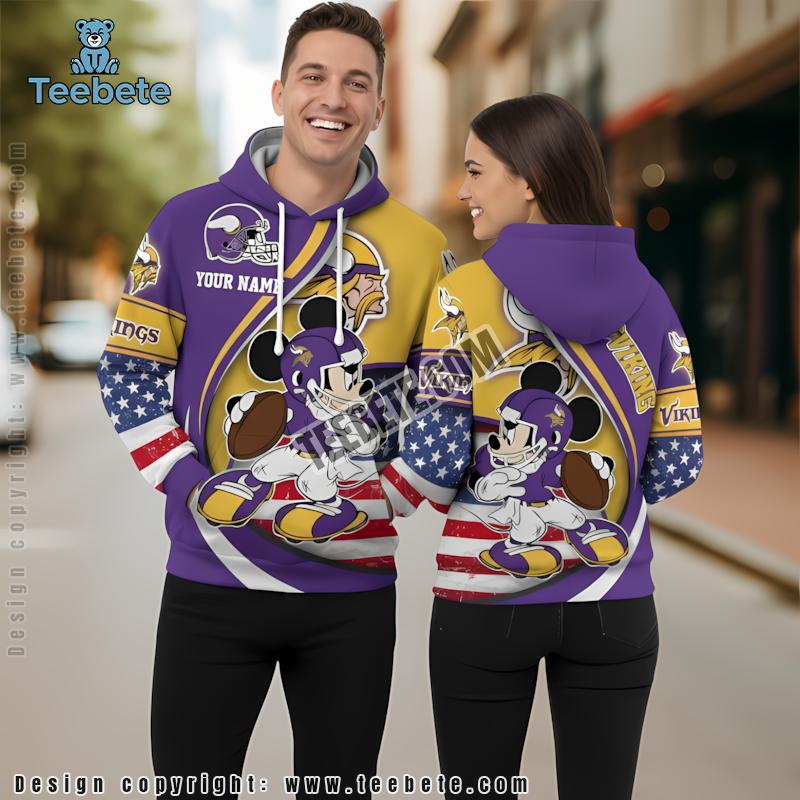 Personalized Minnesota Vikings Mickey Mouse 3D Hoodie Print Purple Yellow