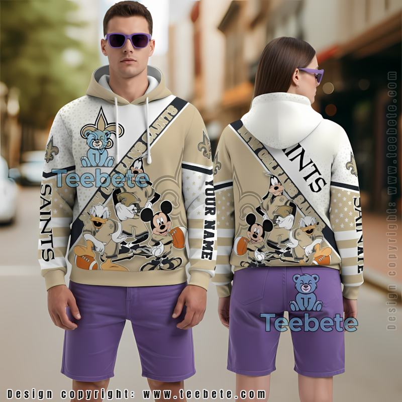 Personalized New Orleans Saints Mickey Mouse Goofy 3D Hoodie White Yellow