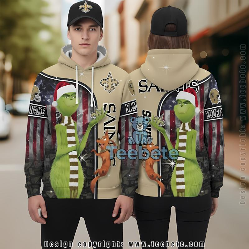 Personalized New Orleans Saints Santa Grinch 3D Hoodie Yellow Puff Print