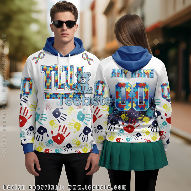 New York Giants Autism Awareness 3D Hoodie Blue White Kids Personalized