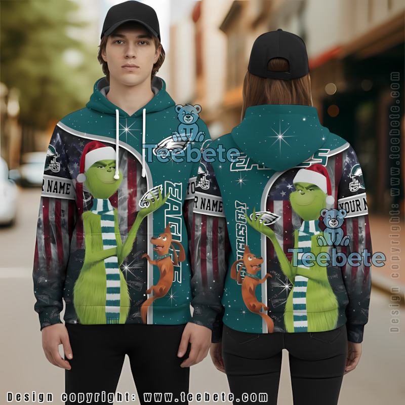 Personalized Philadelphia Eagles Santa Grinch 3D Hoodie Blue Unisex