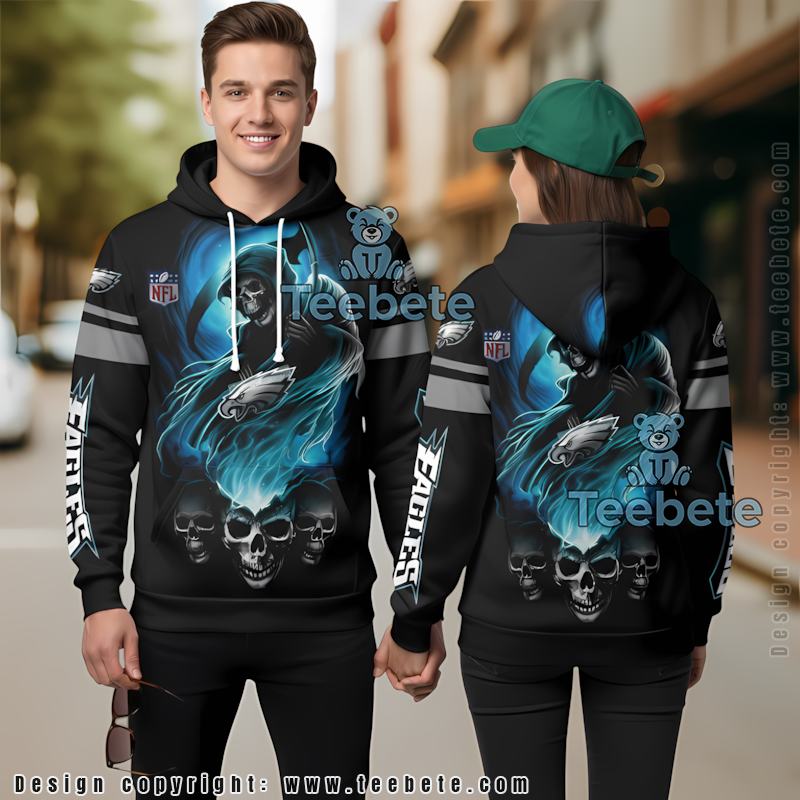 Philadelphia Eagles Skull 3D Hoodie Blue Black Vintage
