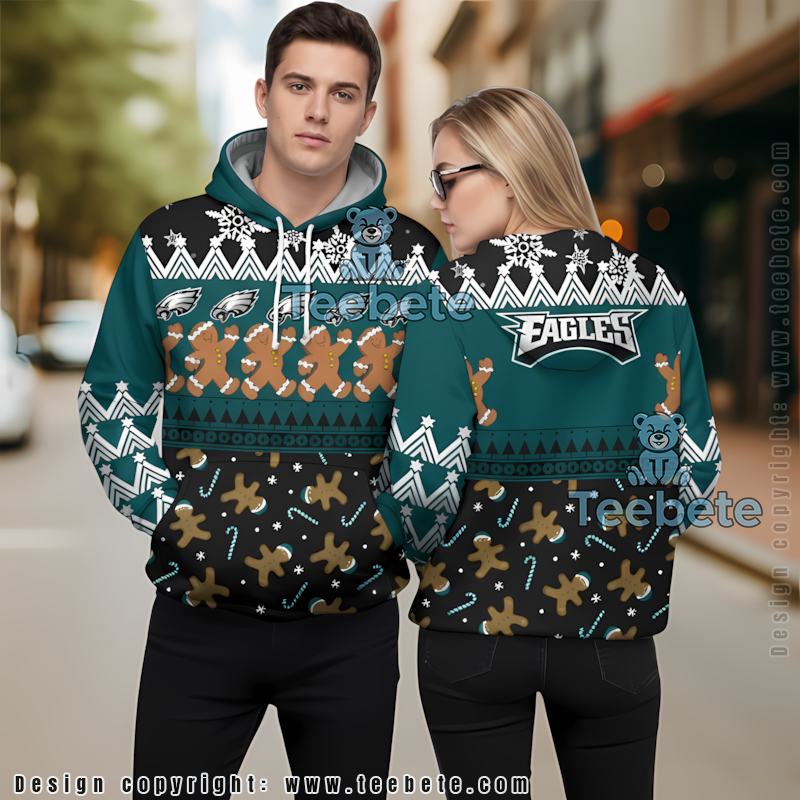 Philadelphia Eagles Gingerbread 3D Hoodie Black Blue