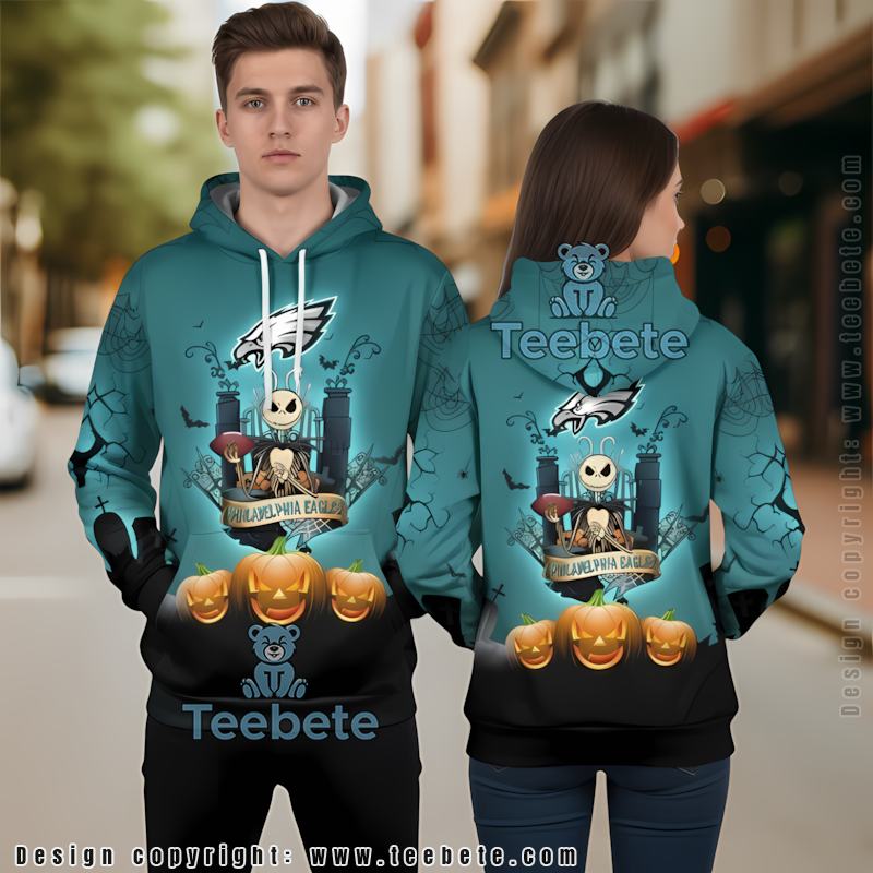 Philadelphia Eagles Jack Skellington Pumpkin 3D Hoodie Blue Black
