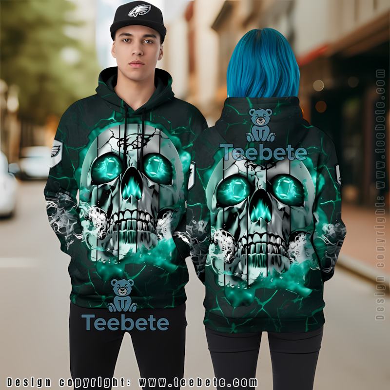 Philadelphia Eagles Neon Skull 3D Hoodie Blue Unisex