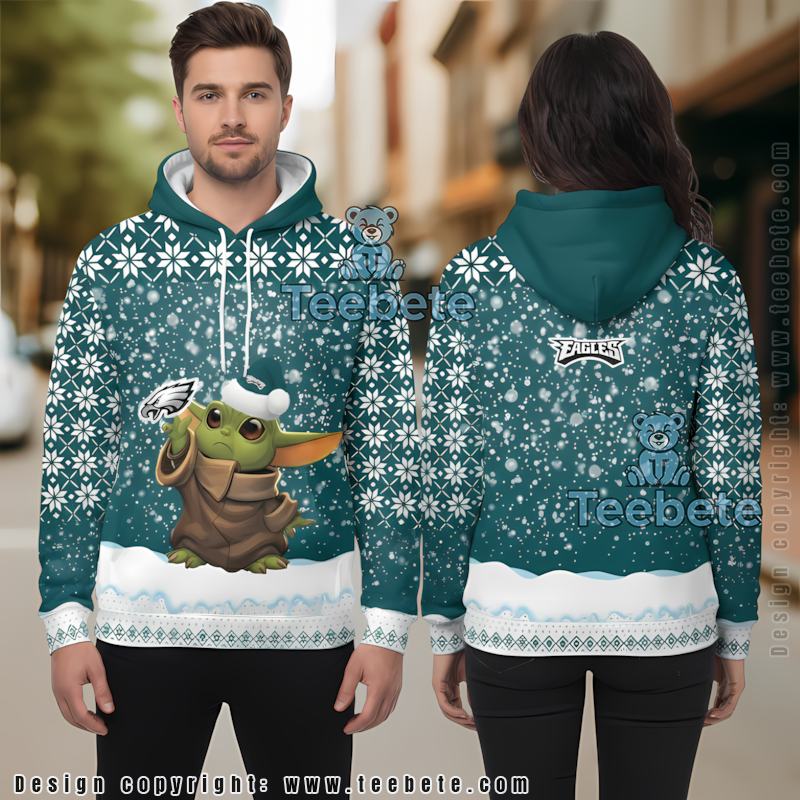 Philadelphia Eagles Santa Baby Yoda Christmas 3D Hoodie Blue Unisex