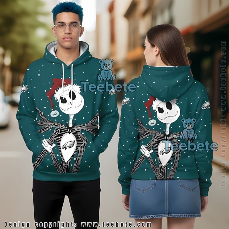 Philadelphia Eagles Santa Jack Skellington 3D Hoodie White Blue