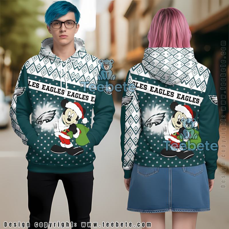 Philadelphia Eagles Santa Mickey Mouse 3D Hoodie Blue Unisex