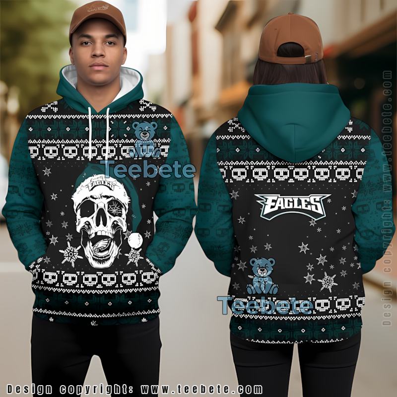 Philadelphia Eagles Santa Skull Christmas 3D Hoodie Black Blue