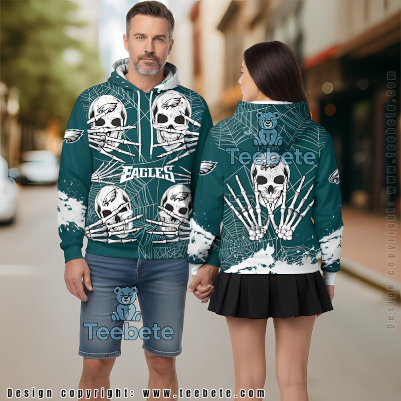 Philadelphia Eagles Skull Halloween 3D Hoodie White Blue