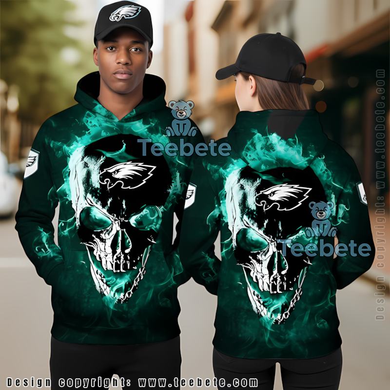 Philadelphia Eagles Skull Smoking 3D Hoodie Green Black