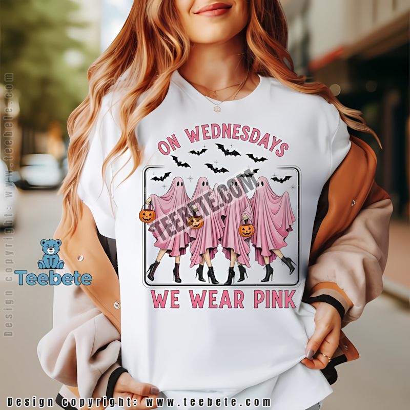 Pink Ghost Halloween Spooky Wednesday Ladies Shirt