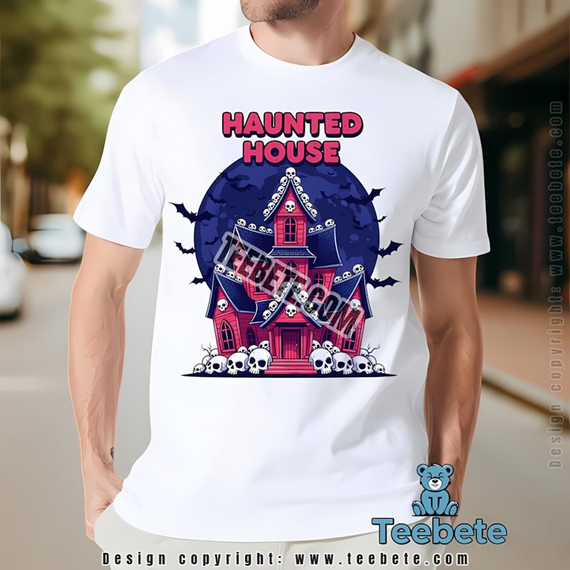 Pink Haunted House Halloween Skull And Bats Spooky Cartoon Shirt
