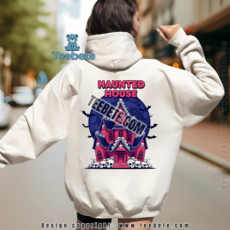 Pink Haunted House Halloween Skull And Bats Spooky Cartoon Hoodie Pink Haunted House Halloween Skull And Bats Spooky Cartoon Hoodie
