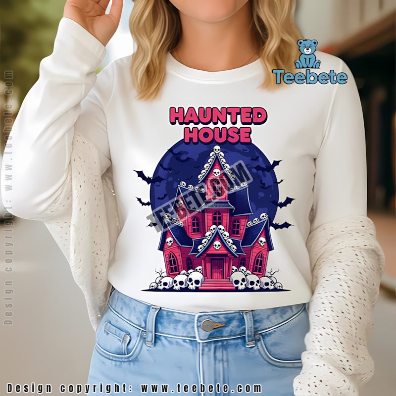 Pink Haunted House Halloween Skull And Bats Spooky Cartoon Long Sleeve Pink Haunted House Halloween Skull And Bats Spooky Cartoon Long Sleeve