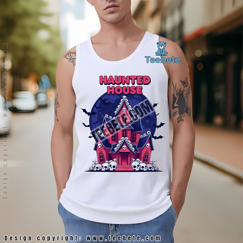 Pink Haunted House Halloween Skull And Bats Spooky Cartoon Tanktop Pink Haunted House Halloween Skull And Bats Spooky Cartoon Tanktop