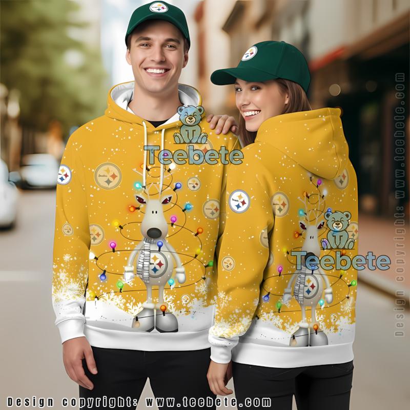 Pittsburgh Steelers Christmas Reindeer 3D Hoodie Yellow White Printed