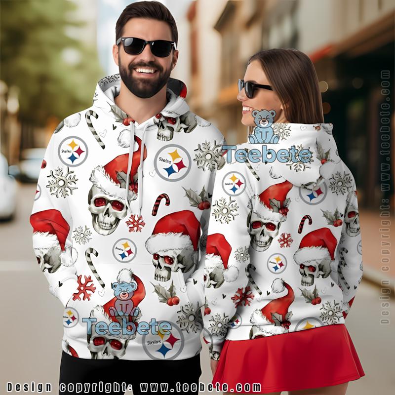 Pittsburgh Steelers Christmas Skull 3D Hoodie White Red Girls