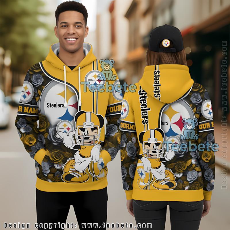 Pittsburgh Steelers Mickey Mouse 3D Hoodie Yellow Grey Graphic