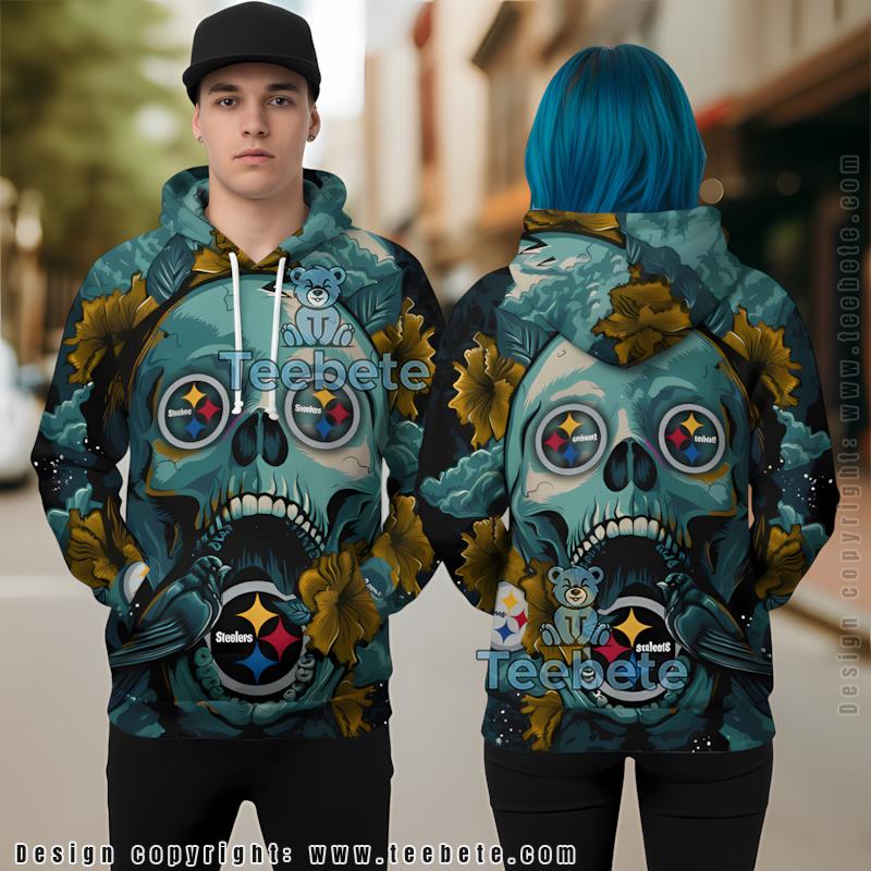 Pittsburgh Steelers Skull Flower Christmas 3D Hoodie Black Blue