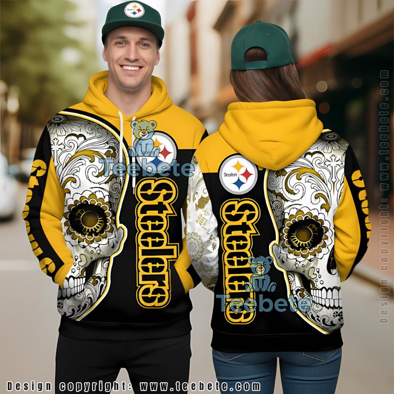 Pittsburgh Steelers Tribal Skull 3D Hoodie Yellow Black Puff Print