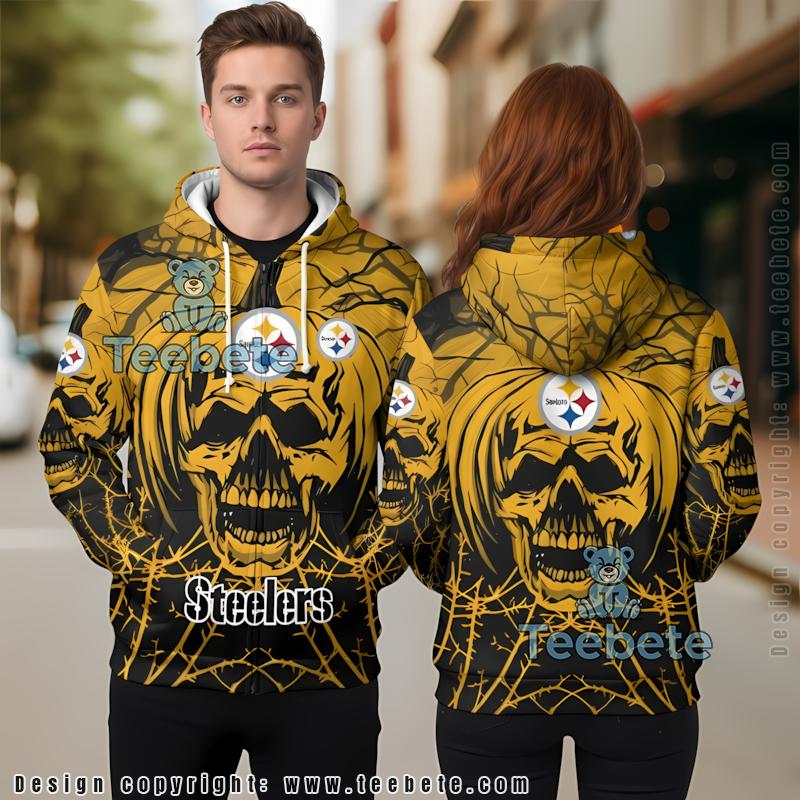 Pittsburgh Steelers Pumpkin Skull 3D Zip Up Hoodie Yellow Black