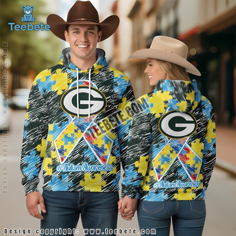 Green Bay Packers Puzzle Autism Awareness 3D Hoodie Black Mens Graphic