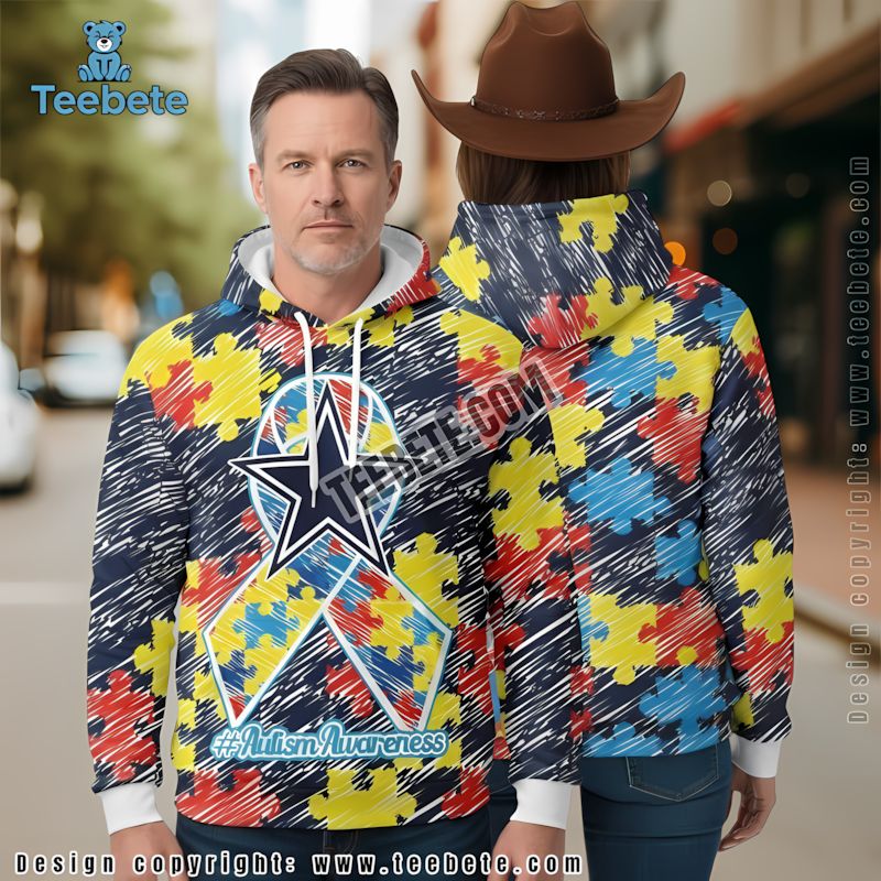 Dallas Cowboys Puzzle Ribbon Autism Awareness 3D Hoodie Kids Blue