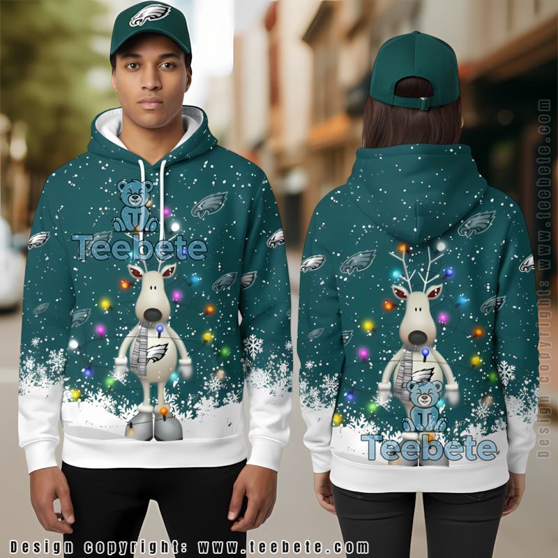 Philadelphia Eagles Reindeer Christmas 3D Hoodie White Blue