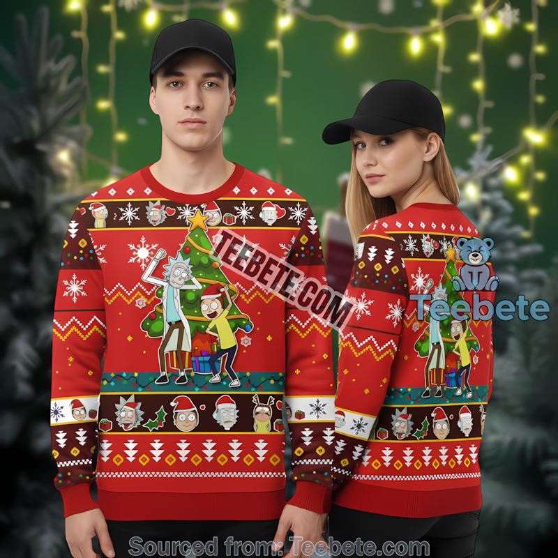 Rick And Morty Christmas Tree Ugly Christmas Sweater Red Mens